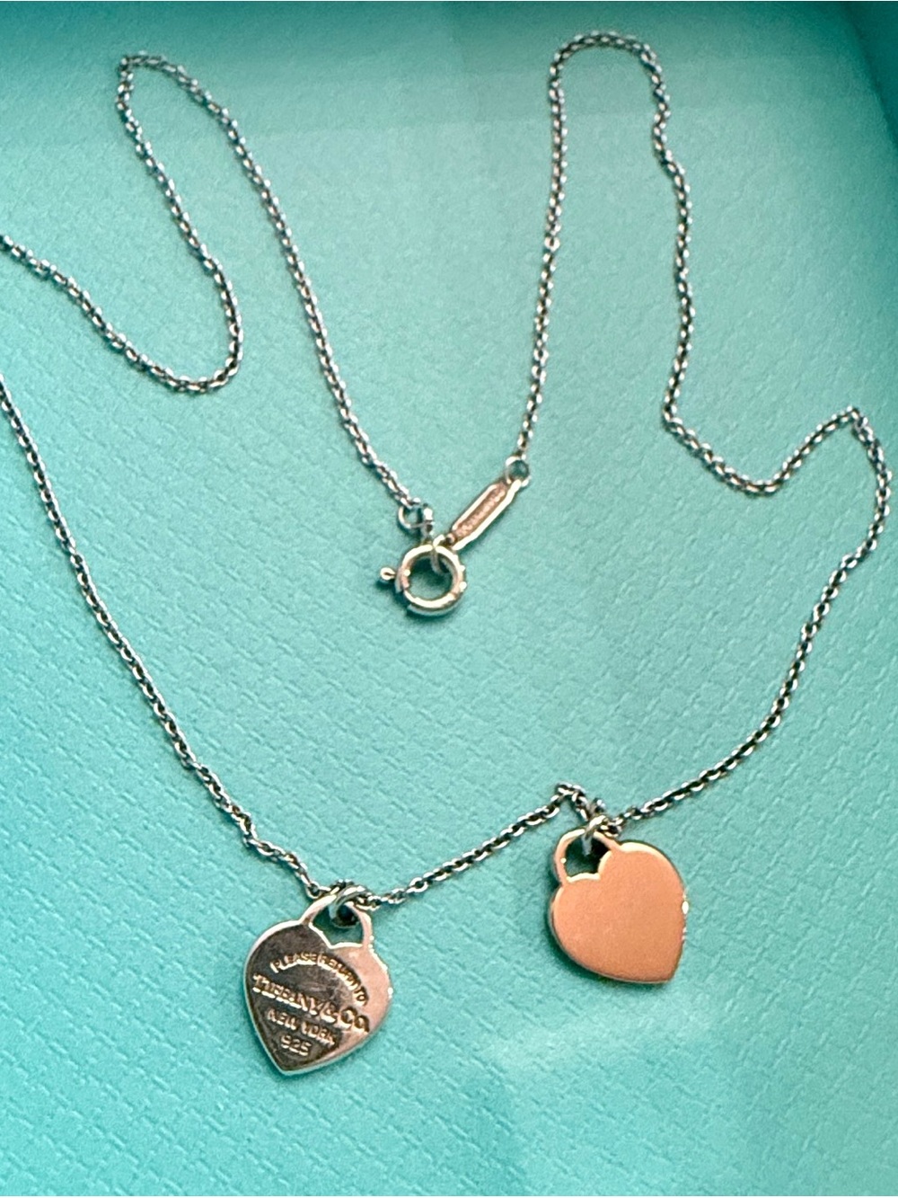 Tiffany & Co. Double Heart Tag Pendant Necklace - Silver and Rose Gold